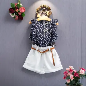 Clothing Sets Girls Summer Sleeveless Baby Clothes 2 Piece Outfit with Belt Lovely Floral Ruffle Baby Girl Toddler Clothing Sets