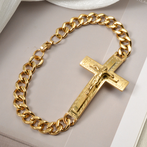 Bracelets en acier inoxydable de luxe, gros maillons épais, avec croix gravée, pour hommes et femmes, vente en gros. - Product Image 5