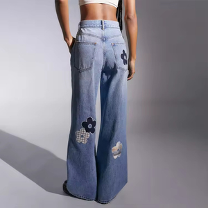 Jeans personnalisés pour femmes à jambes larges, mode taille basse, patchwork, jeans déchirés pour petit ami, vente en gros de pantalons baggy décontractés pour femmes - Product Image 2