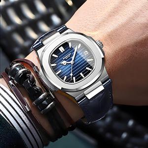 Binbond Men's Quartz Watch Blue Dial Leather Strap Waterproof Luminous Calendar Business Wristwatch Model B1885 - Product Image 3