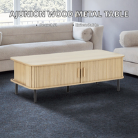 Table basse moderne extensible personnalisée avec panneau en MDF, pieds en métal et rangement coulissant pour salon