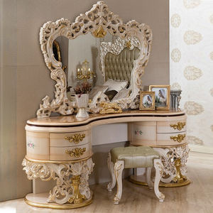 Tocador de Maquillaje Cómodo de Alta Calidad, Tallado a Mano en Madera Maciza Antigua, Mesa de Dormitorio Estilo Francés con Espejo - Product Image 1