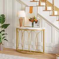 Magnifique Table Console Demi-Lune en Faux Marbre Blanc Doré 43 pouces pour Salon, Entrée ou Présentoir Antique