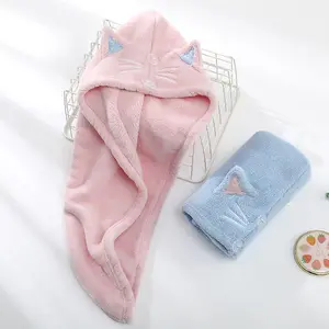 Chine asciugamano turbante per capelli super assorbente solido rapidamente asciutto design animale ricamo cartone animato simpatico asciugamano per capelli in microfibra personalizzato