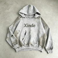 Sweat à capuche personnalisé pour homme, délavé, effet usé, déchiré, style vintage, coupe oversize, streetwear, effet soleil éclairé