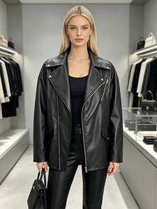 Women Moto Biker <b>Jacket</b>, Lapel Zipper Oversized Black PU Leather <b>Jacket</b>, Casual Loose <b>Motorcycle</b> Outerwear for Ladi - Product Image 2