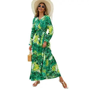 Clothing manufacturer customizes European and American runway show with new fashionable printed long sleeved belt dress
