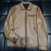Veste en cuir de mouton vintage pour homme, col rabattable, fermeture éclair, passepoil contrastant, poche poitrine, patchwork, respirante, décontractée, olive