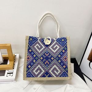 Bolsa de Almuerzo de Lona Estilo Étnico para Mujer, Bolso Tejido a Rayas, Bolsa de Mano Portátil Tipo Bento para Oficina, Picnic al Aire Libre - Product Image 4