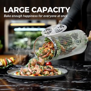 Hot Selling Outdoor <b>Rolling</b> <b>Grill</b> <b>Basket</b> With Wooden Handle, 304 Stainless Steel <b>Grill</b> <b>Bbq</b> <b>Baskets</b> <b>Rolling</b> Grilling <b>Basket</b> - Product Image 3