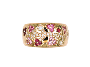 Anillo de banda ancha con diseño floral de oro amarillo de 18 quilates, zafiro rosa, rubí y diamantes, joyería de lujo para mujer - Product Image 3