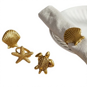 Luxury Gold Metal Sea Life Napkin <b>Rings</b> Set Handcrafted Brass Sea <b>Turtle</b> Starfish And Scallop Shell Napkin Holders For Weddings - Product Image 1