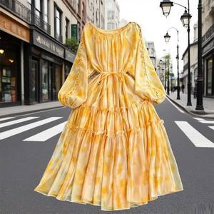 موضة جديدة طويلة الأكمام فستان الشيفون المطبوع الامبرطورية الخصر الديكور نمط الصلبة ميدي طول لربيع الخريف - Product Image 2