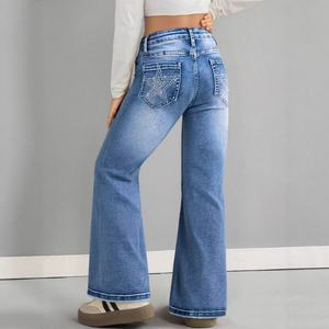 Taille haute évasé <span class=keywords><strong>jean</strong></span> fille Slim Fit Denim pantalon décontracté jambe droite pantalon été saison adolescentes Fasion - Product Image 3