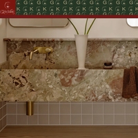 GOLDKING Meuble-lavabo mural de luxe moderne pour salle de bain principale, en marbre Monet Garden, avec double vasque, veinures beige, rose et vertes