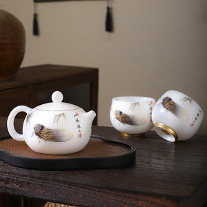 Tetera de Porcelana Tipo Hielo con Dos Tazas, Juego de Té Kung Fu Pintado a Mano con Diseño de Cigarra de Dehua, Caja de Regalo Empresarial - Product Image 3