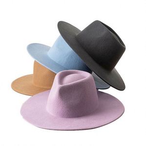 High Quality 100% Wool Winter 9.5cm <b>Flat</b> Wide Brim Australian Wool Felt Fedora Cowboy <b>Hat</b> - Product Image 1