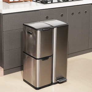 Poubelle de recyclage multifonctionnelle 3-en-1 en acier inoxydable de 60 L à triple compartiment avec couvercle à pédale pliable et couvercle coulissant - Product Image 1
