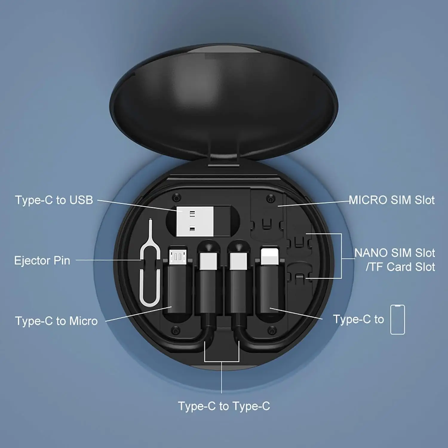 Caja de almacenamiento de cable de carga múltiple Incluye Soporte para tarjeta SIM Adaptador USB Cable de carga Micro USB con USB C iOS