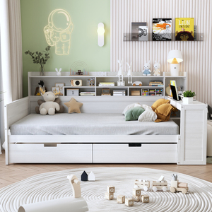 Modern Solid Wood Full/Queen Size Double Bed Daybed with Storage Shelves Two Drawers and <b>Study</b> <b>Desk</b> for Bedroom - Product Image 4