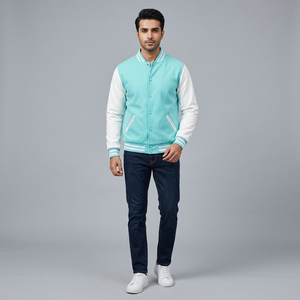 Mint Blue Varsity <b>Jacket</b> <b>White</b> Sleeves <b>Men</b> Unisex Baseball Style Zipper Casual Outerwear Rib Trim Custom logo Waterproof Knitted - Product Image 1