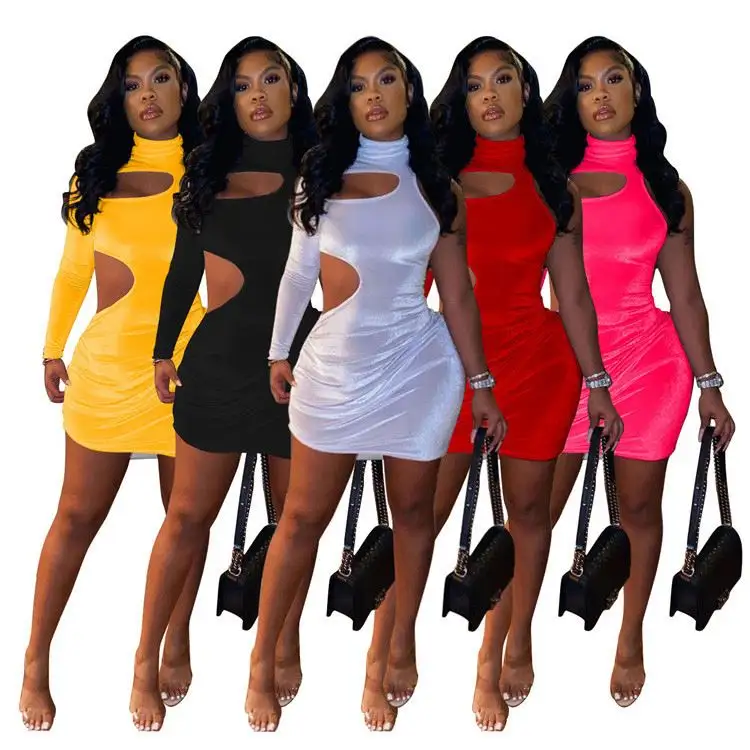 MD-2023 new021922 Newest Design Fashion 2023 new21 Amazon Hollow Out Solid Color One Sleeve High Collar Women Bodycon Dresses Lady Dress