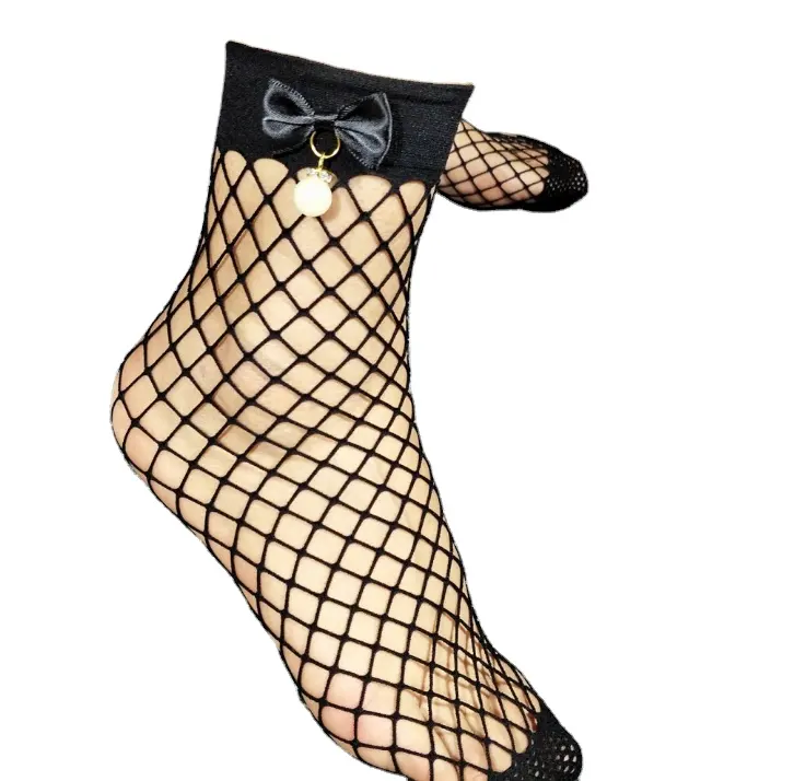 Women black Bow pearl Fishnet Ankle Socks Mesh Lace girl Fish Net Short Socks With Bowknot