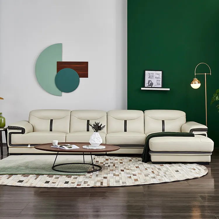 102167 Koeienhuid Moderne L Vorm Wit Echte Luxe Lederen Hoek Sofa Set