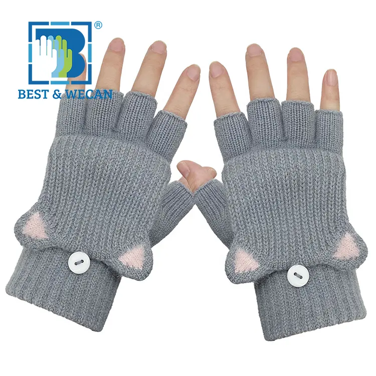 Best&Wecan Kids Fingerless Gloves Convertible Flip Top Gloves Winter Knit Mittens with Jacquard Flap Cover for Girls Boys
