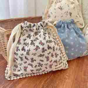 Eco-friendly Floral Drawstring Cosmetic Bag Dust Prevention Cotton Fabric Bundle Pocket Storage Bags with Lace Gift Pouch - Product Image 6