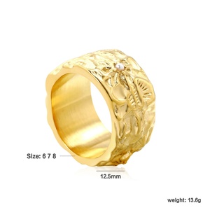 Anillos de Joyería para Mujer, Estilo Hip Hop, Diseño Cóncavo Convexo Ancho Irregular con Incrustaciones de Perlas, Acero Inoxidable, Chapado en Oro de 18K - Product Image 2