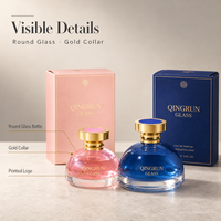Flacon de parfum en verre transparent avec col doré et emballage assorti