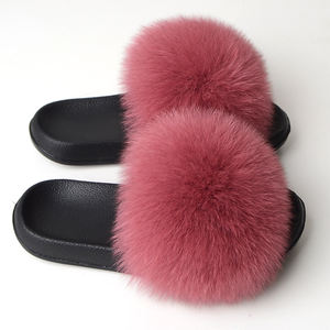 Real Fox Fur <b>Slides</b> Women Autumn Summer Anti-Slip Furry for Indoor Outdoor Plush Flip Flops Flat Fluffy House Shoes Beach - Product Image 1