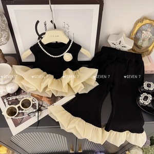 Tongxingyuan Girls Summer Korean Style Black Swan Ruffled Flared Pants Two Piece Set Cotton Casual Outfit - Product Image 2