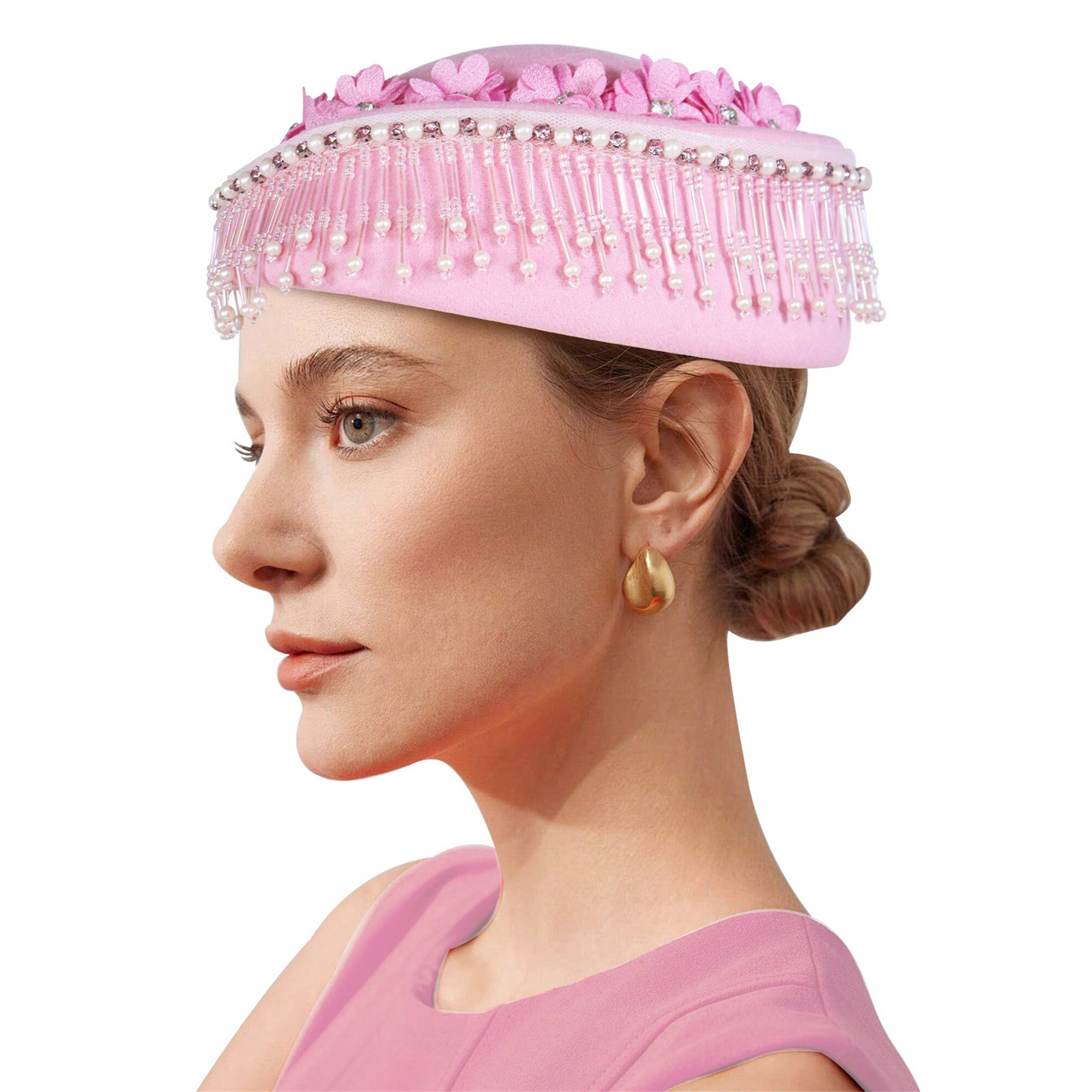 Vintage pink satin bow derby hat with rhinestones Pink Pearl Rhinestone Church Half Hat Fascinator With  main image 4