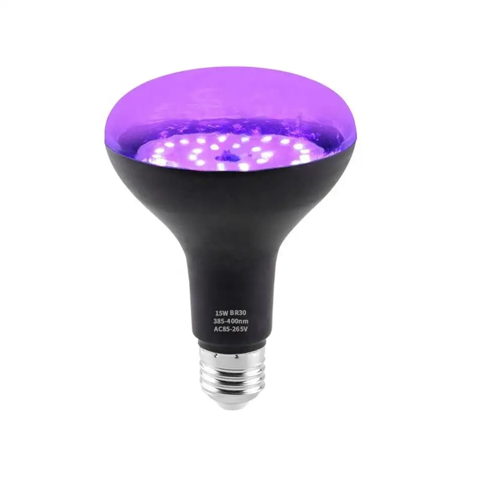 Buena venta de luz UV blanca BR30 UV bombilla de luz de inundación púrpura UVA 385-400nm E26 E27 Base 15W para iluminación de vacaciones