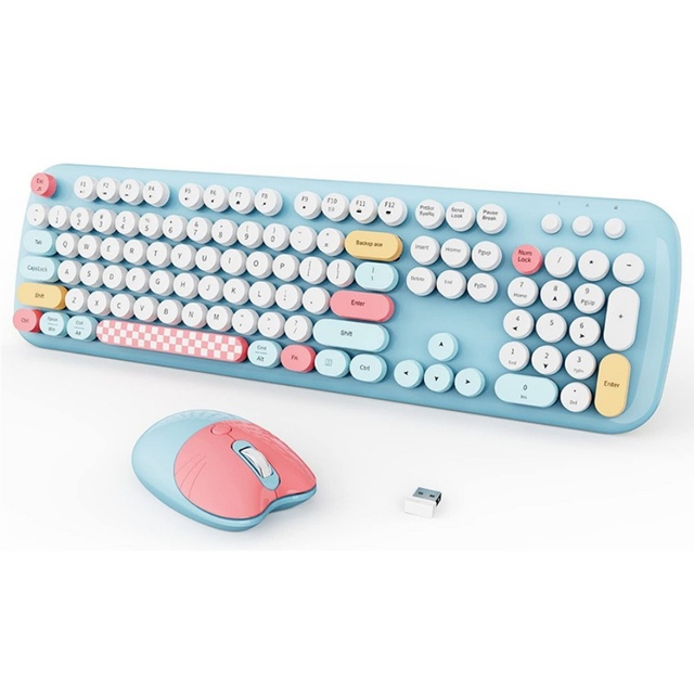 Colorful Typewriter Wireless Keyboard Mouse Set 104 Keys Full Size Keyboard Retro Cordless Office Keyboard and Mouse Comb Cute