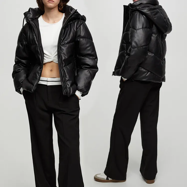 2022 Mode Zwart Cool Leer Vrouwen Winter Jassen Custom Dames Lange Winterjas