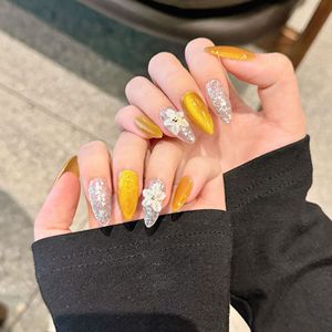Design #85 Bester Preis Wieder verwendbare Mandel presse auf Nägeln Hand gefertigte kunden spezifische <span class=keywords><strong>Gold</strong></span> 3D Flower Cat Eye Glitter Künstliche Fingernägel
