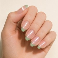 Y86 Kaixin Faux ongles à presser vert doux French Tip Cat Eyes, base rose nude, bordure French, Nail Art