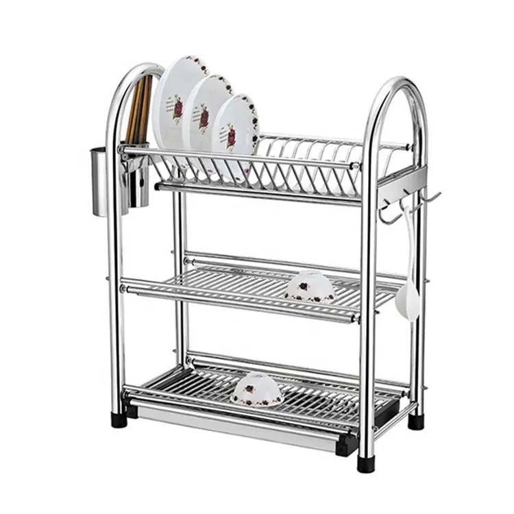 Soporte de almacenamiento de platos de cocina de gran capacidad, estante para platos de 3 niveles de acero inoxidable, escurridor de platos, estante para secar platos