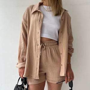 Conjunto de Dos Piezas para Mujer 2026, Blusa de Crepé con Botones, Cuello Arrugado, Mangas Largas, Pantalones Cortos de Cintura Alta con Cordón, <span class=keywords><strong>Talla</strong></span> <span class=keywords><strong>Grande</strong></span> - Product Image 2