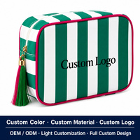 Sac de Maquillage Rayé Imperméable Personnalisé avec Logo, Grande Capacité, Fermeture Éclair et Pompon, Pochette de Voyage Portable, Trousse de Toilette