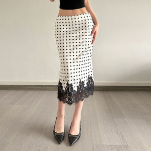 Women's Polka Dot <b>elastic</b> Satin Midi Skirt, Black <b>Lace</b> Trim Scalloped Hem High Waist Pencil Skirt - Product Image 2