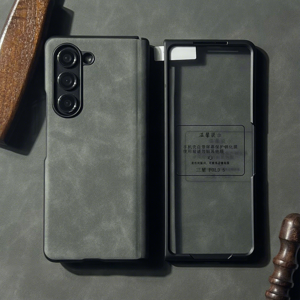 เคสหน้ากระจกนิรภัย HD - หนังแกะสีเทา - แม่เหล็กตรงกลาง