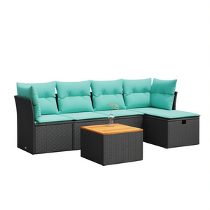 Set di divani da giardino in polyrattan nero da 6 pezzi con cuscini, set di sedute da esterno per arredamento da giardino - Product Image 1