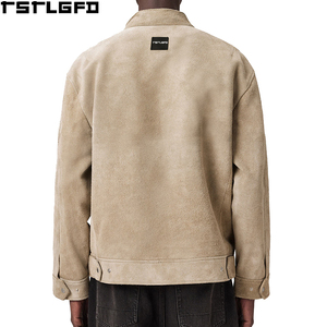 Custom <b>Suede</b> Racer <b>Jacket</b> <b>Men</b> Tan Beige Stand Collar Two Way Zipper Windbreaker Streetwear Outerwear Manufacturers Bulk - Product Image 6