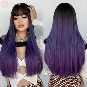 Parrucca viola per donna parrucca lunga e dritta con frangia capelli sintetici Ombre colorati per Cosplay Party 26 pollici Ombre viola