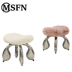 MSFN Modern Tasarım Beyaz Yün Oturma Taburesi, Parlak Paslanmaz Çelik Balon Şeklinde Taban ve Peluş Minder ile Oturma Odaları ve Oteller İçin - Product Image 4