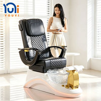 Fauteuil de pédicure spa en cuir noir, électrique, inclinable, avec massage, lumière LED, bassin en verre, station de spa pour salon de manucure